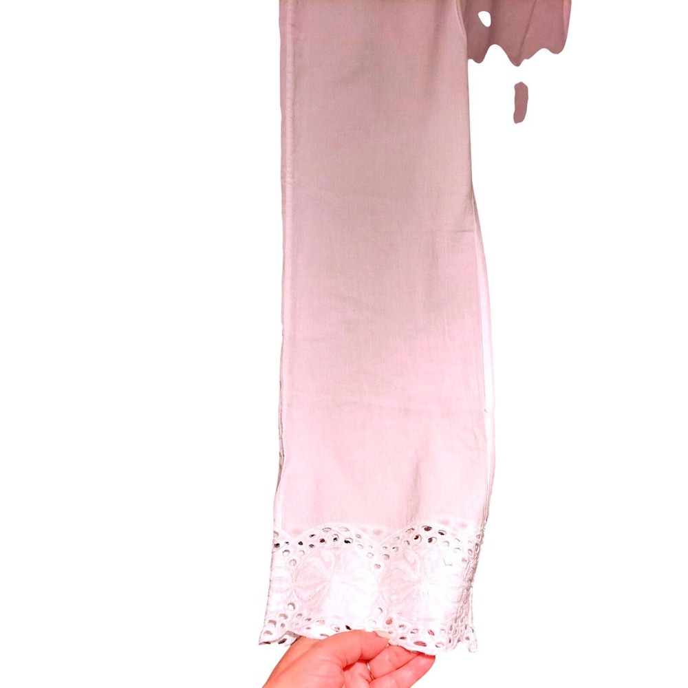 Sigrid Olsen White Cotton Eyelet Lace Trim Wide Leg Pants Pull On Trousers - Picture 7 of 7